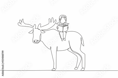 Continuous one line drawing young girl reading book on cute moose. Reading. Learning while playing. Effective. The nerd. Girl Reading Book at Animal Back. Single line draw design vector illustration