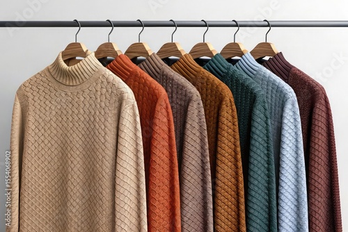 A collection of textured turtleneck sweaters in various earthy tones