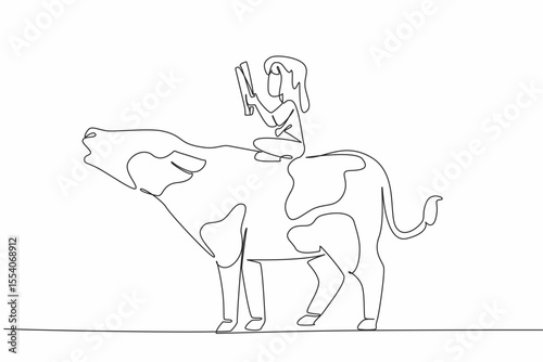 Single one line drawing girl reading book on cute cow. Read recipe books for delicious meat dishes. Aspiring little chef. Girl Reading Book at Animal Back. Continuous line design graphic illustration