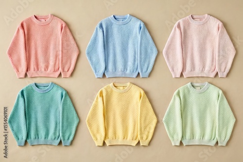Six pastel colored knit sweaters laid out flat in two rows