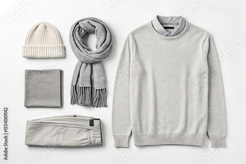 Coordinated men s winter outfit featuring light gray sweater and accessories