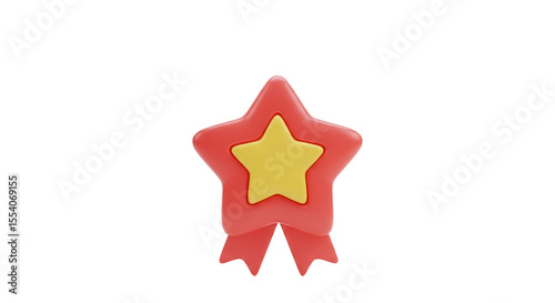 Red Star Award Badge with Yellow Center and Ribbons on White Background