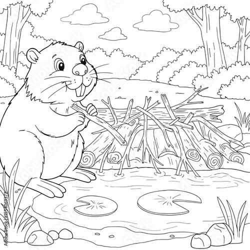 A beaver holds a stick while standing beside its log-and-branch dam in a pond fringed by lily pads, rocks, and trees.