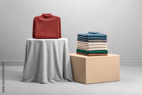 Neatly folded sweaters displayed on modern pedestals