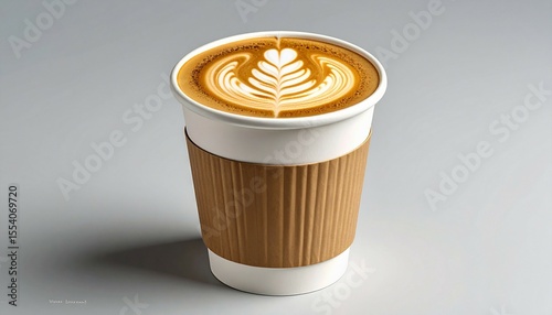 Paper cup of coffee latte with latte art on studio photo lighting at top table 