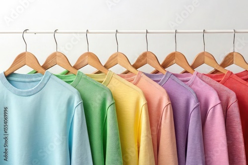 Row of colorful pastel sweatshirts hanging on wooden hangers against a white background
