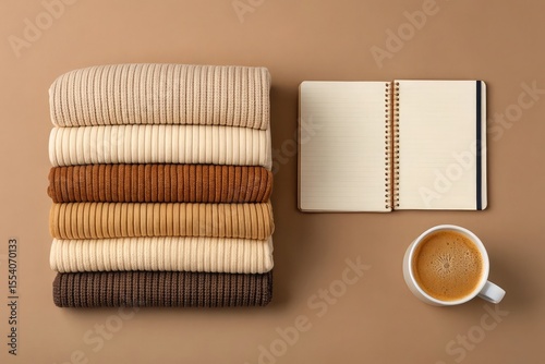 Cozy autumn flat lay featuring stacked sweaters notebook and coffee