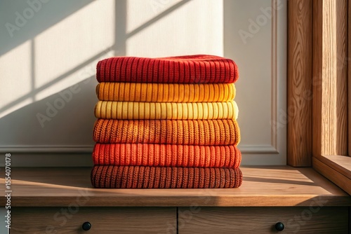 Cozy stack of warm knitted sweaters in autumnal colors