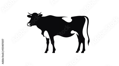 A simple vector illustration of a dairy cow with white spots stands against transparent background.