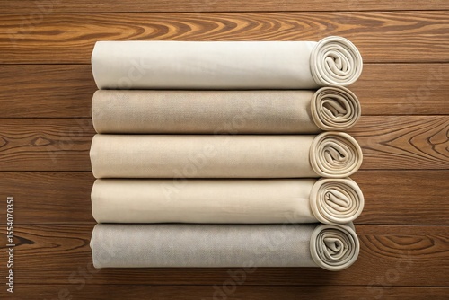 Neatly rolled natural fabric swatches in various beige tones on wood