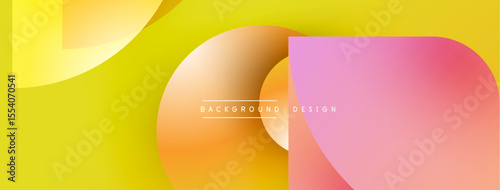 Abstract vibrant design. Overlapping shapes create dynamic composition. Yellow, orange, pink gradients dominate visual space. Modern aesthetic.