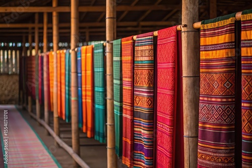 Vibrant handwoven textiles displayed on bamboo poles in a traditional setting