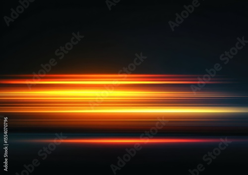 Horizontal streaks of vibrant orange and yellow light against a dark background  resembling a sunset or light trails
