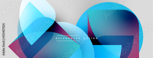 Abstract shapes overlap, creating vibrant gradients. Modern design utilizes cool blues, purples, plus silver accents. Minimalist aesthetic.