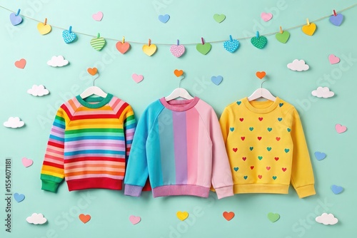 Three colorful children s sweaters displayed on a pastel background with heart decorations