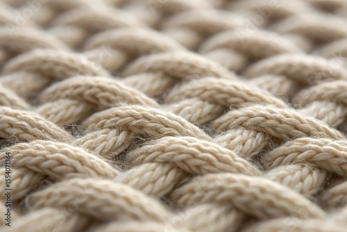 Close up macro shot of thick cream colored cable knit fabric texture