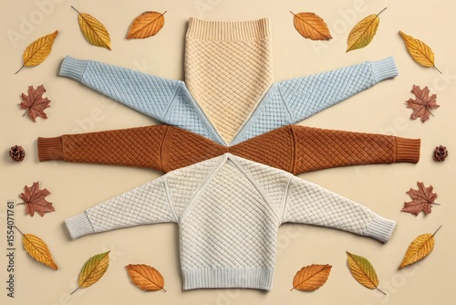 Cozy quilted sweaters in autumn colors with fall leaves