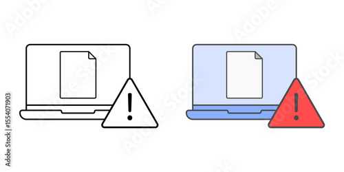 Device usage policy icon with laptop, paper, and alert sign, in outline and color styles, ideal for illustrating IT device regulations, acceptable use policies, and workplace technology guidelines.