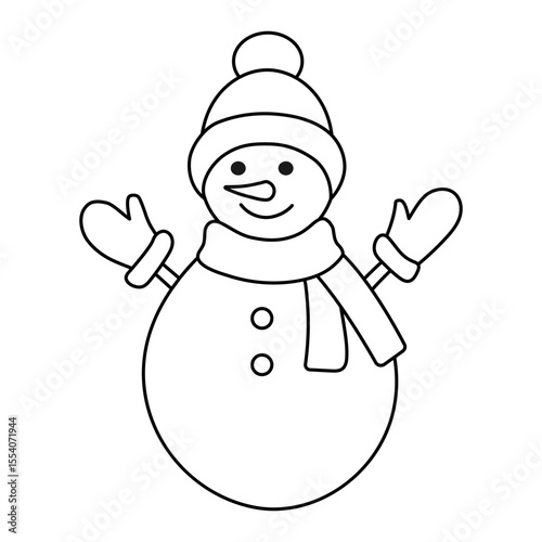Outline drawing of snowman isolated on a white background. Linear icon, vector illustration. Cheerful snowman with cap, mittens and scarf.