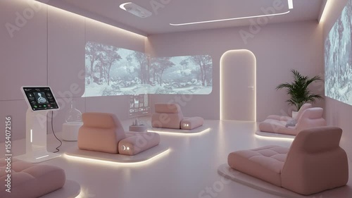 Modern relaxation room with soothing visuals and soft seating