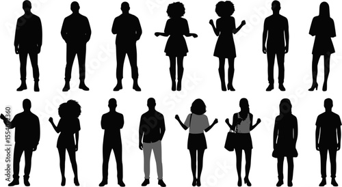 Vector silhouettes men and women, illustration. Silhouettes of young people posing in casual clothes. EPS 10 version.