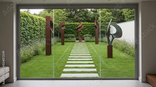 Modern sculptures in a tranquil garden setting with greenery