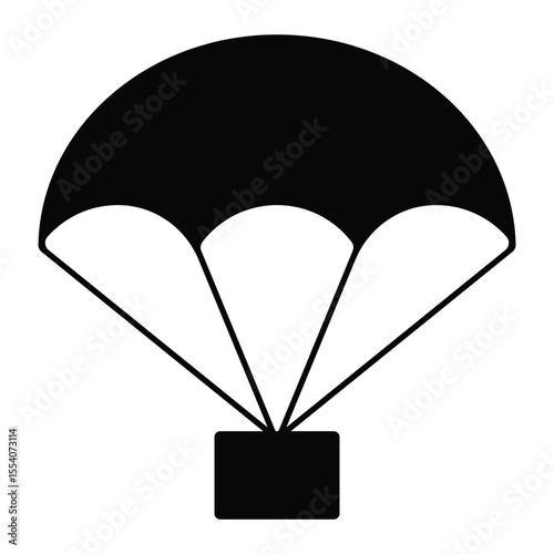 Parachute delivery box icon. Black silhouette of air drop, logistics shipping package, cargo parachuting, drone parcel transportation. Vector illustration, isolated.