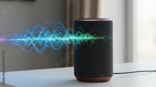 Modern speaker emitting colorful sound waves in a cozy room