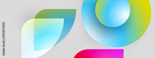 Abstract shapes overlap, creating vibrant color gradients. Modern design suggests innovation, technology, fluidity. Light hues dominate neutral background.