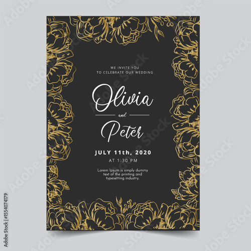 Black Gold Wedding Invitation, save the date, thank you, rsvp card Design template. Vector. winter flower, Rose, leaves, Wax flower