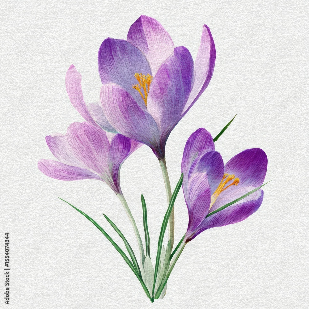 Naklejka premium Delicate watercolor painting of three purple crocuses