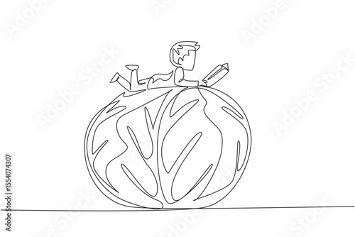 Single one line drawing boy reading on red cabbage. Read benefits of the ingredients contained in red cabbage. Boy Reading Book at Vegetables and Fruits. Continuous line design graphic illustration
