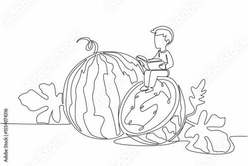 Single one line drawing boy reading reading on watermelon cut in half. The little watermelon farmer. Study hard. Boy Reading Book at Vegetables and Fruits. Continuous line design graphic illustration