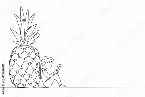 Single continuous line drawing boy reading next to big pineapple. Sit back to concentrate. Freshness in the afternoon. Boy Reading Book at Vegetables and Fruits. One line design vector illustration