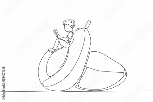 Continuous one line drawing boy reading reading on a cut avocado. Sit back, read seriously. Learn anywhere. Boy Reading Book at Vegetables and Fruits. Single line draw design vector illustration