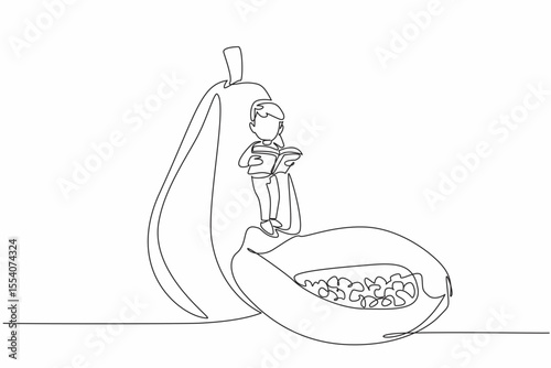 Single one line drawing boy reading while standing on partially cut papaya. Aspire to be a horticultural expert. Boy Reading Book at Vegetables and Fruits. Continuous line design graphic illustration