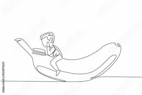 Single continuous line drawing young boy reading on banana. Learn the benefits of fruit for the body. Health conscious. Boy Reading Book at Vegetables and Fruits. One line design vector illustration