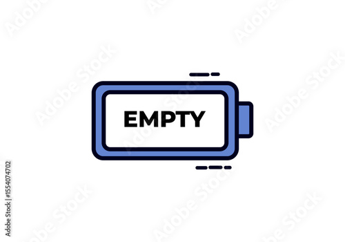 A cartoon vector icon of a battery with a blue outline and the word "EMPTY" displayed, signifying a depleted power source.
