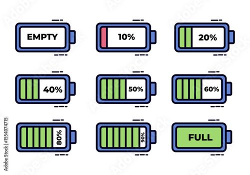 Flat style battery icon showing power level percentage. Ideal for UI, apps, energy infographics, and device indicator design.