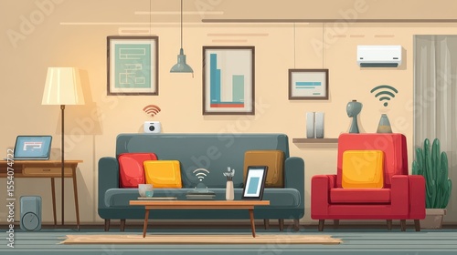 Internet of things home setup flat design front view modern interior theme cartoon drawing colored pastel.