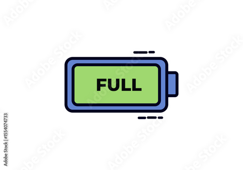 A cartoon vector icon of a battery displaying a full green bar and the word "FULL", indicating a complete charge.