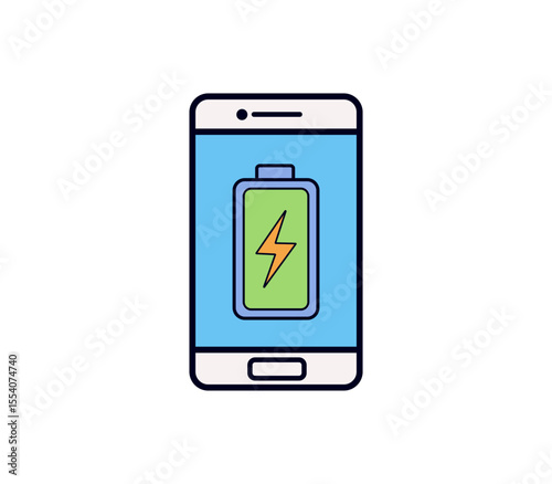 Mobile phone with battery and power bolt icon. Clean flat style, ideal for apps, UI, energy-saving, or charging themes.