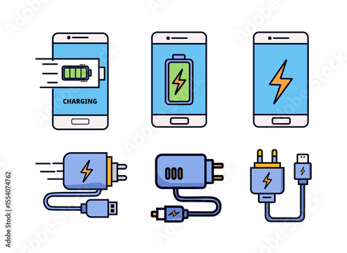 A vector set of six icons illustrating smartphone charging statuses and various power adapters, featuring lightning bolt symbols and battery indicators.
