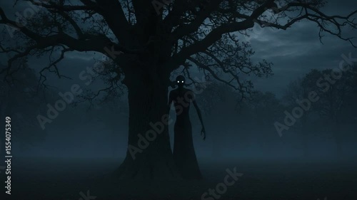 Mysterious figure lurking behind an old tree at twilight