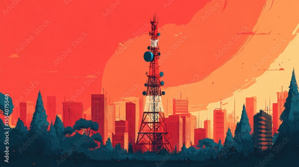 Obraz premium Mobile network tower transmitting signal flat design front view futuristic city theme animation Triadic Color Scheme.