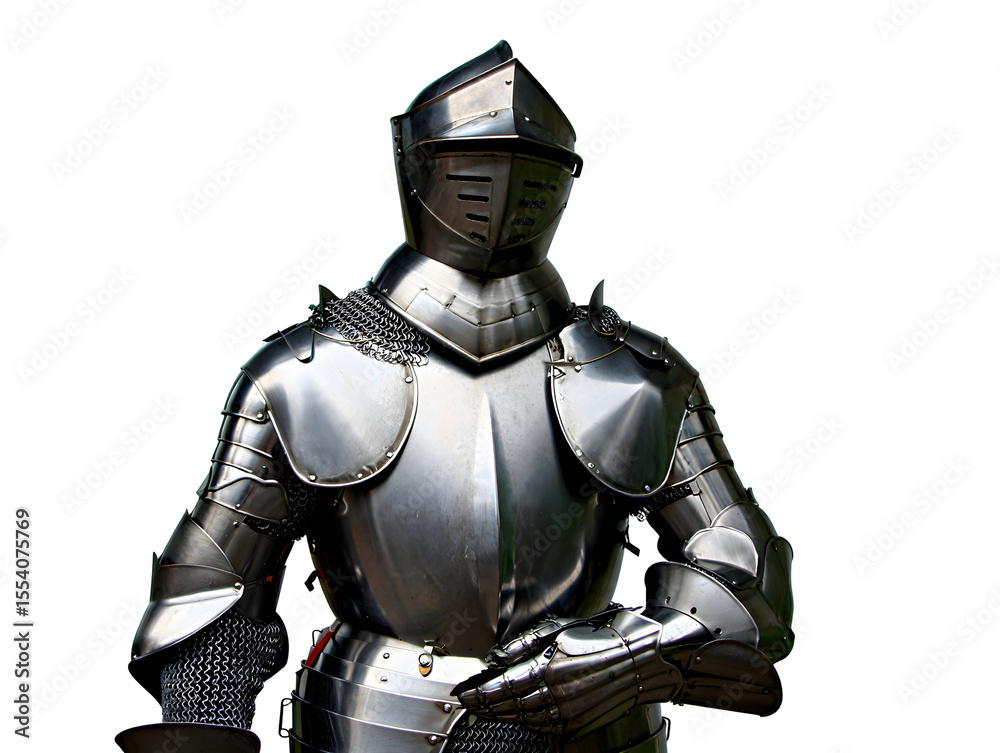 Fototapeta premium Full medieval knight suit of polished steel armor with chainmail and helmet isolated on a transparent background