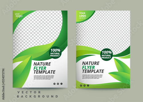 Green eco flyer, poster, brochure, magazine, annual report, booklet, cover banner template. Modern green leaf, environment design