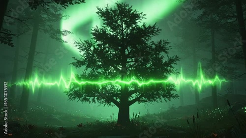 Mystical tree under auroras with heartbeat line in forest
