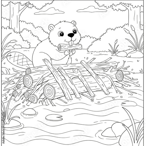 A beaver builds its dam in a river, holding a piece of wood as logs and branches pile up amid trees and rocks.