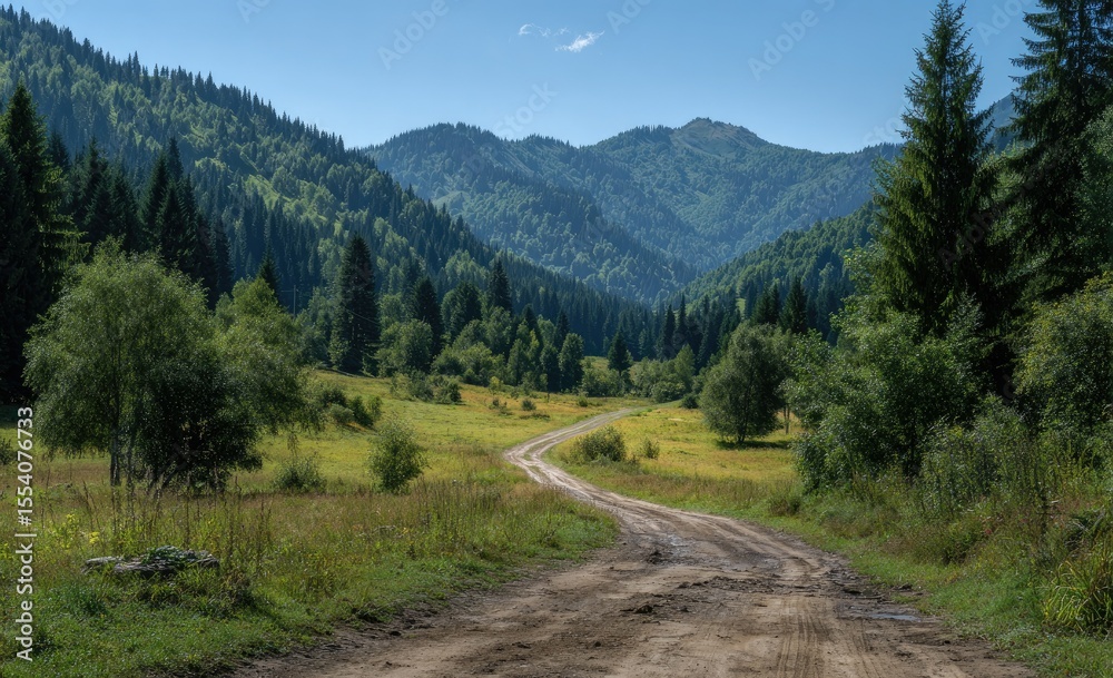 Naklejka premium Winding dirt road through lush valley, mountains